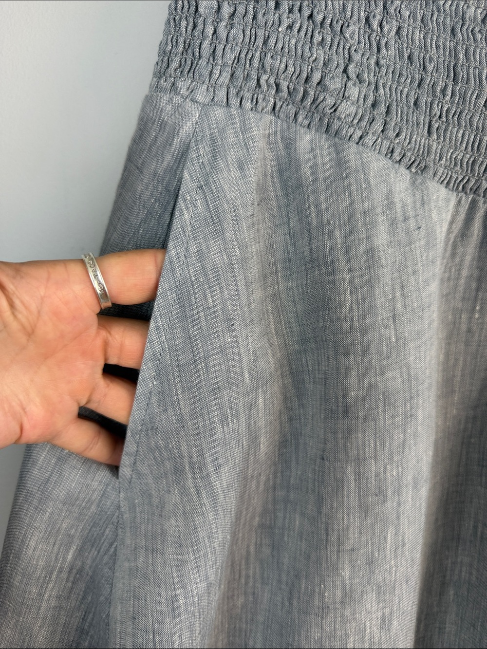 Eileen Fisher Organic Linen Smocked A-Line Skirt Handkerchief Hem Medium Pockets - Picture 6 of 16